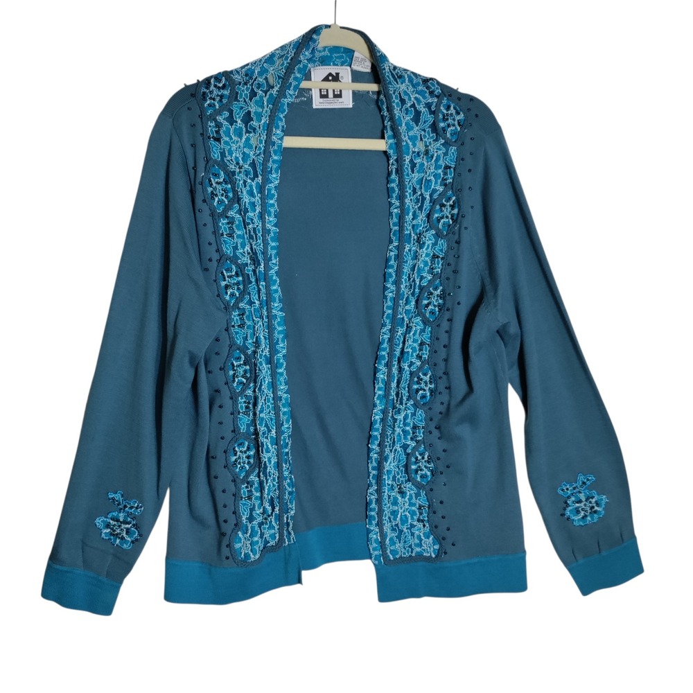 Storybook Knits Teal Blue Lace Beaded Open Front Cardigan Sweater Womens Plus 1X